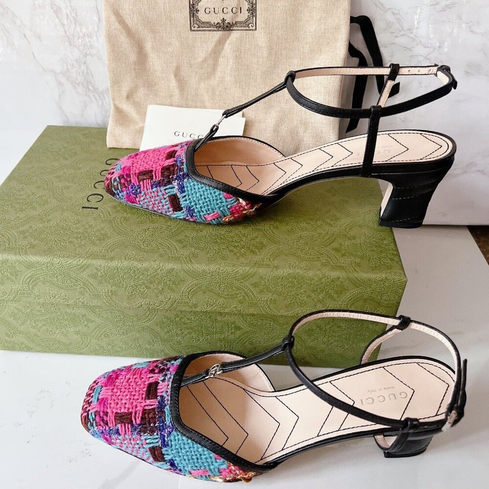 Gucci Marmont 55mm Tweed T-strap Pumps Pink/ Blue/ Black Size EU 39 - Picture 7 of 13